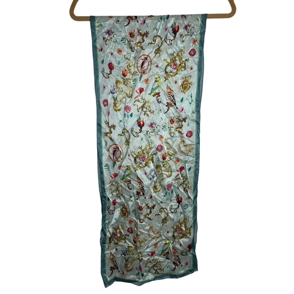 Satin Floral Bird Scarf Ice Blue Coquette Enchanting Rectangle Wrap‎ Neck Scarf